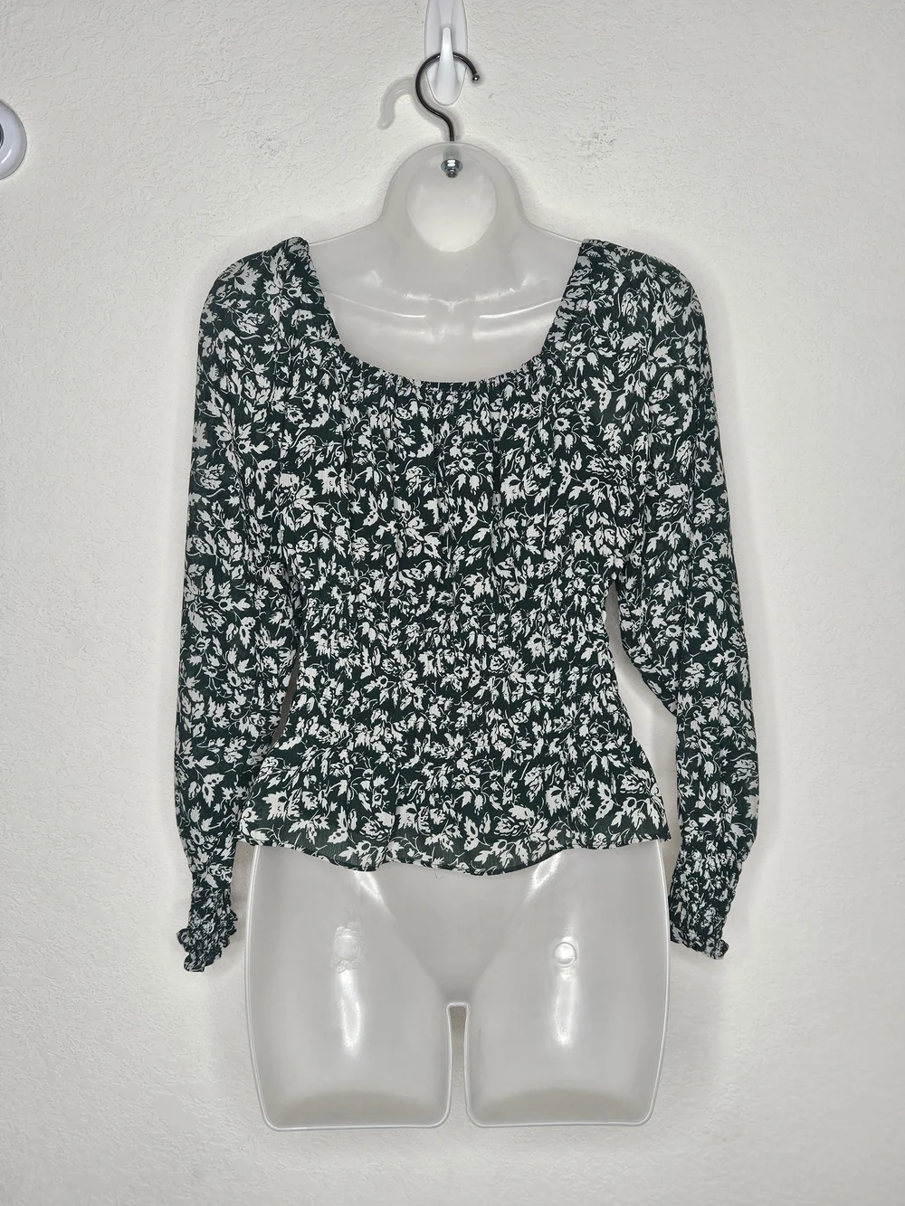 Madewell Green Floral Smocked Waist Square Neck Long Sleeve Top S Ditsy Floral